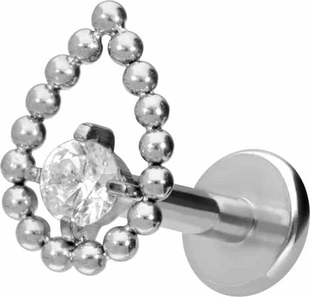 Ohrpiercing, Nasenpiercing Titan Labret mit Innengewinde TROPFEN + KRISTALL Silber Stablänge: 8mm | Stabstärke: 1,2mm