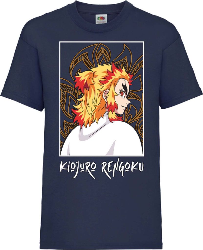 Kinder T-Shirt Demon Anime Slayer Kyojuro Rengoku 03 Scorching Sun, 7-8 Jahr - 128 / Dunkelblau