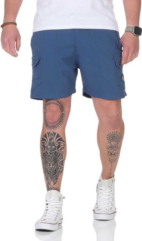 Herren Shorty Sporthose Freizeithose Bermudas mit Taschen; Grau-Blau/XL