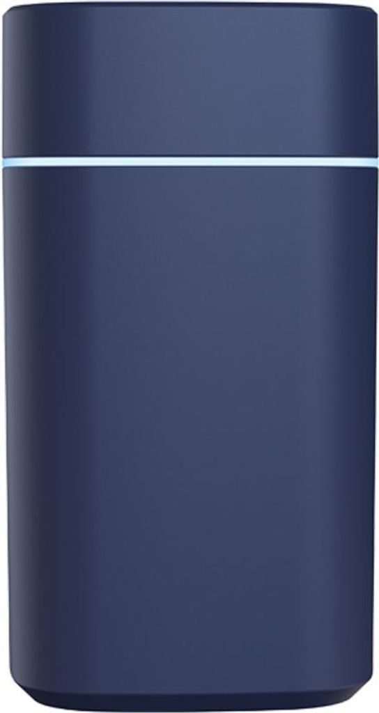 A dark blue cylindrical aroma diffuser with a light blue illuminated band near the top.