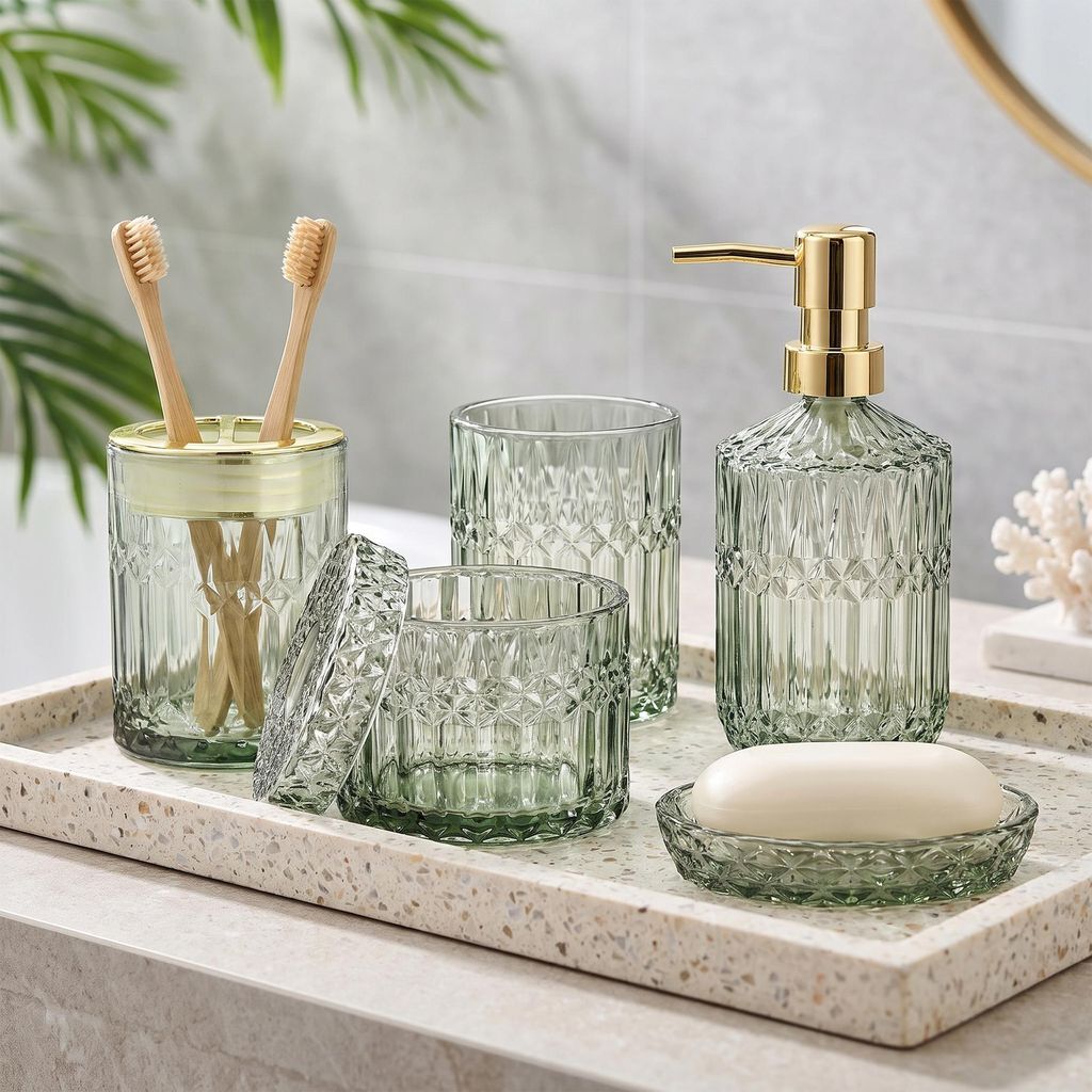 UnboxG 5-teiliges Badezimmer Accessoires Set, Grünes Glas