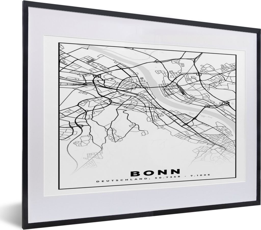 MuchoWow Gerahmtes Poster Bonn - Karte - Stadtplan 40x30 cm - Poster mit Schwarzem Bilderrahmen Wandposter Rahmen Foto Bilder - Bilderrahmen - Po...