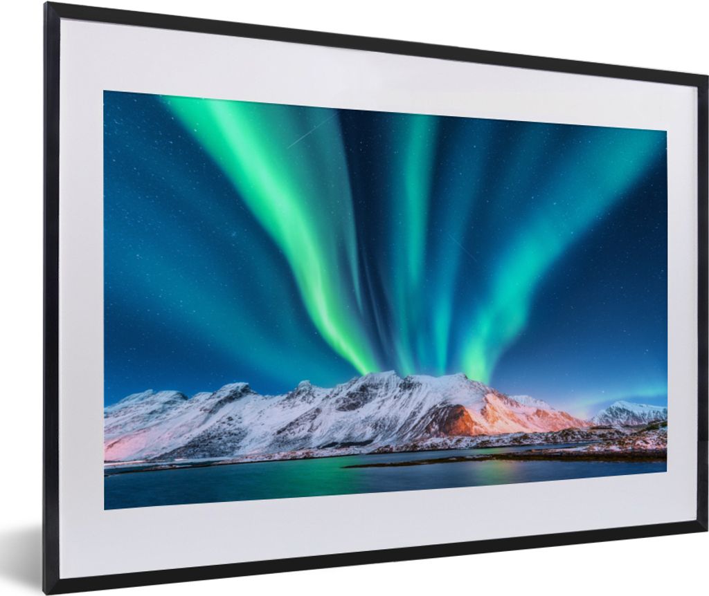 MuchoWow MuchoWow Gerahmtes Poster Noorlicht - Wasser - Schnee - Spiegelung 60x40 cm - Poster mit zchwarzem Bilderrahmen - Schlafzimmer - Plaka...