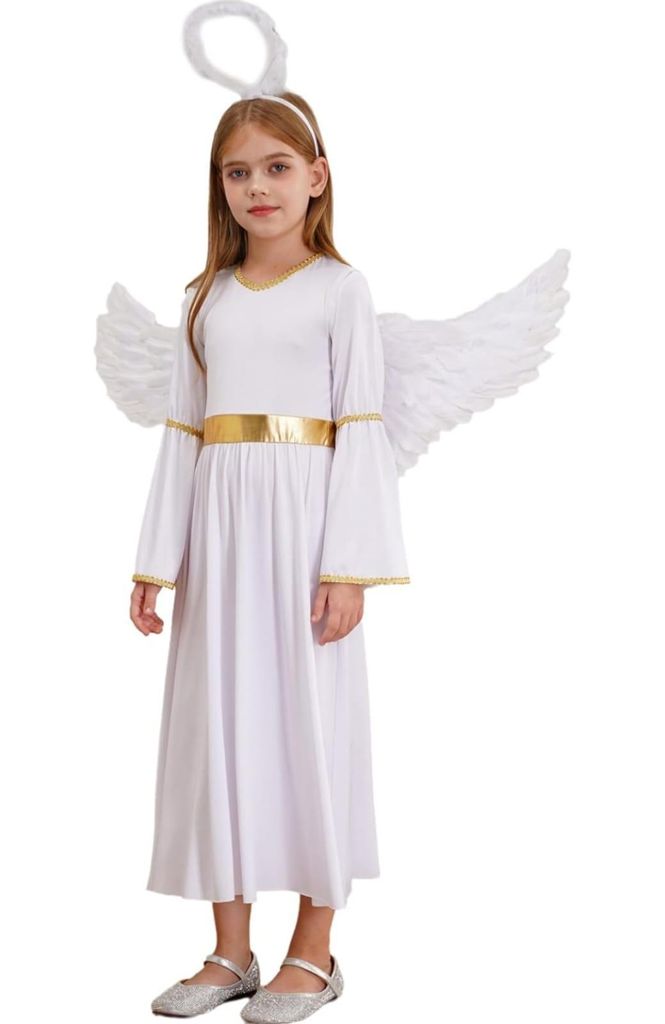 Mädchen Engelkostüm Größe 116 Cm – Weihnachtsengel Kleid mit Flügeln & Heiligenschein für Halloween, Karneval & Fasching