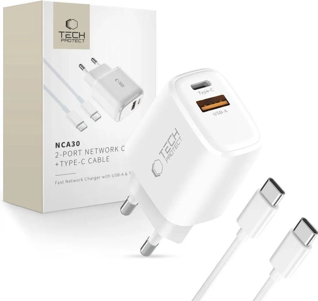 Tech-Protect NCA30: Caricatore Auto Rapido PD 30W Bianco + Cavo