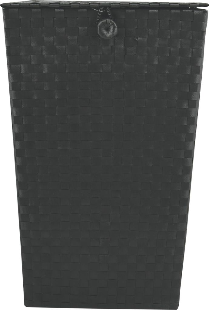 A black laundry basket with a lid.