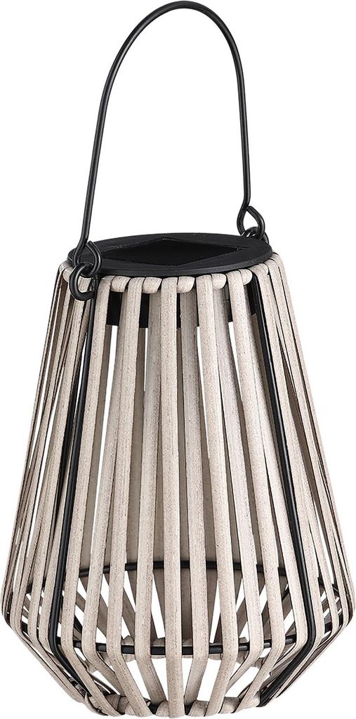 A hanging lantern made of rattan and metal.