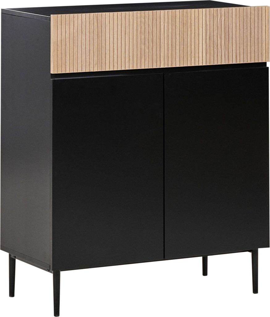 BELIANI 3-türiges Sideboard Schwarzes MDF Naturfarbene Esche Gerippte Front 2 Einlegeböden und eine Schublade Wohnzimmer Modern