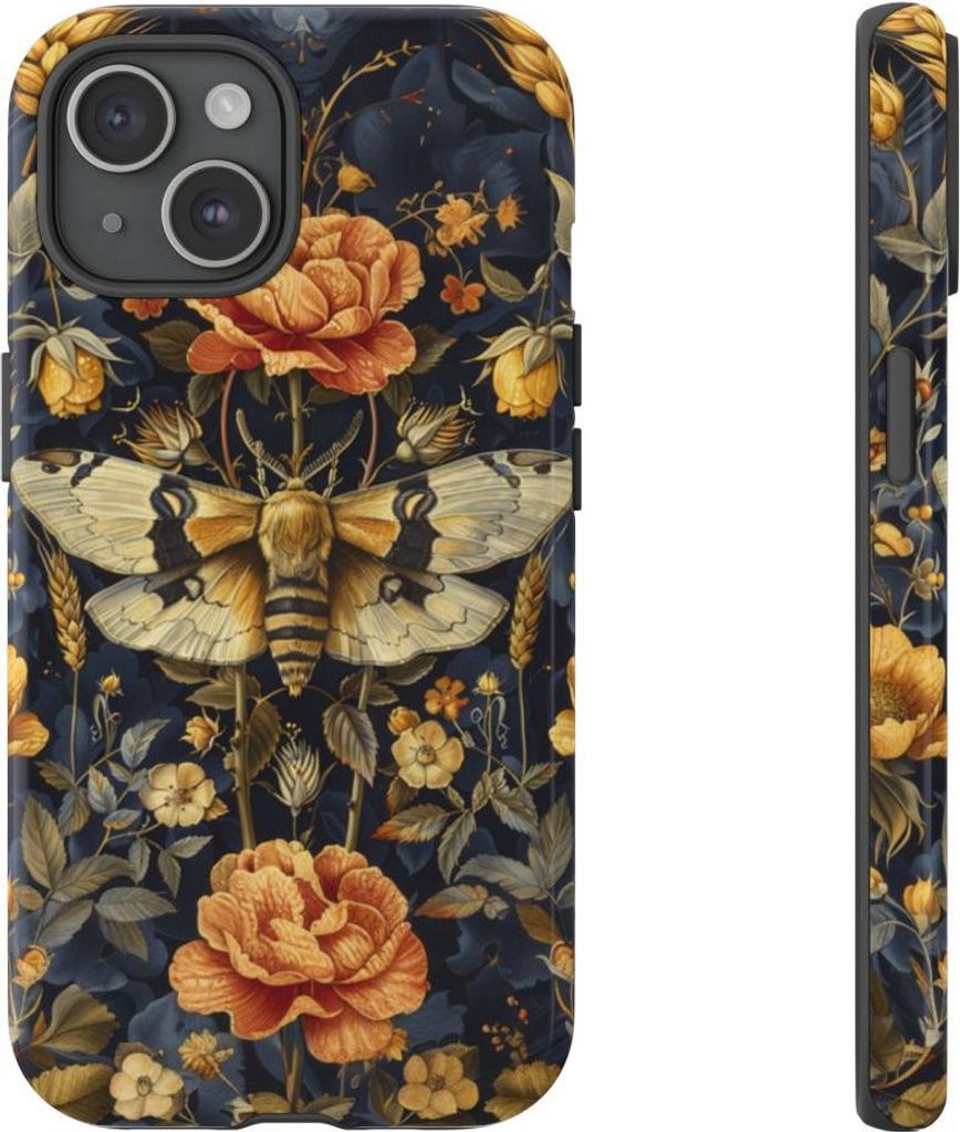 Goldene Blumen und Nachtfalter auf Dunkelblau – Hülle Kompatibel mit iPhone 15