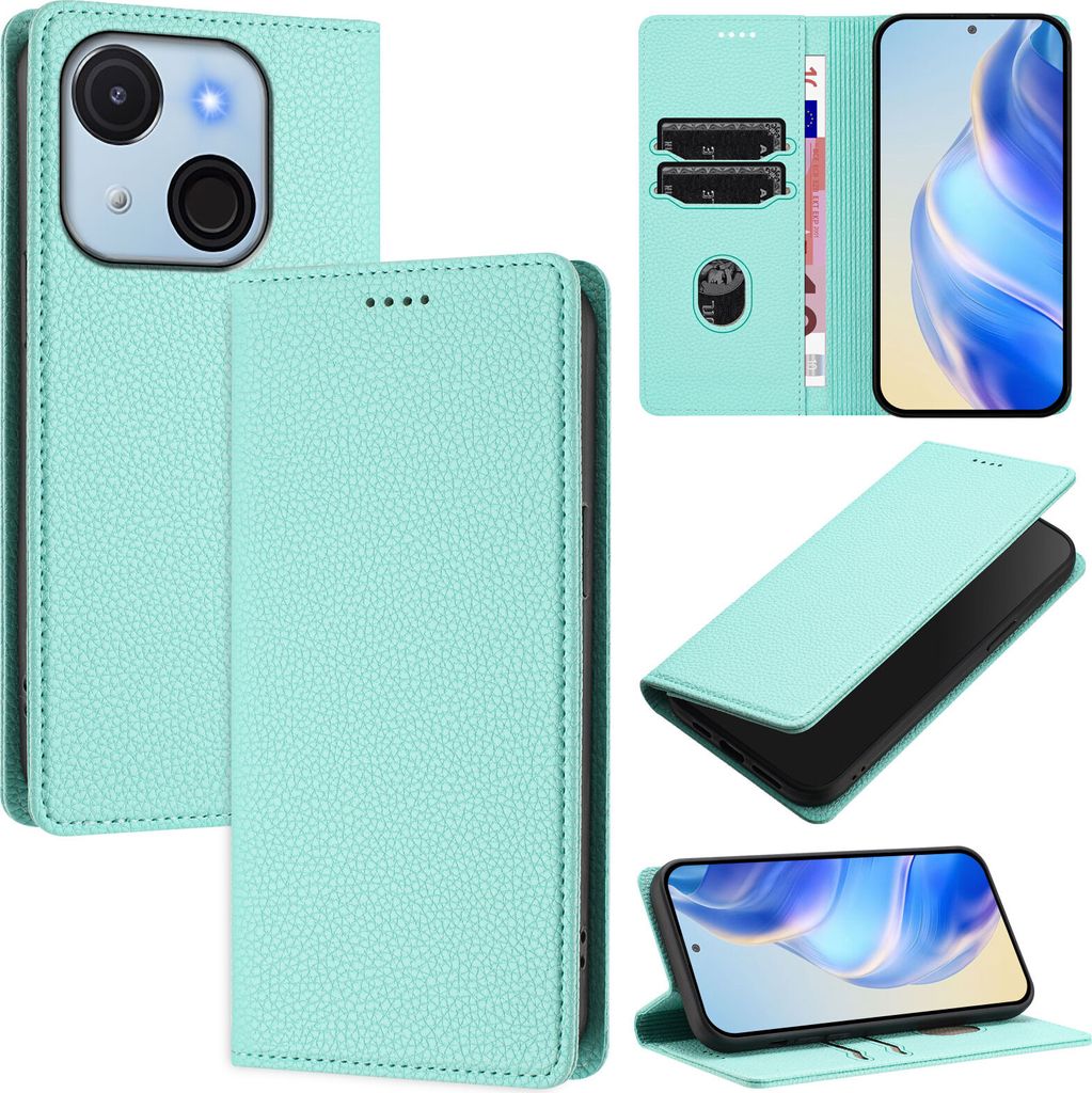 Litchi Leder Handyhülle für itel A50C Wallet Kartenfächer Standfunktion Hülle Türkis