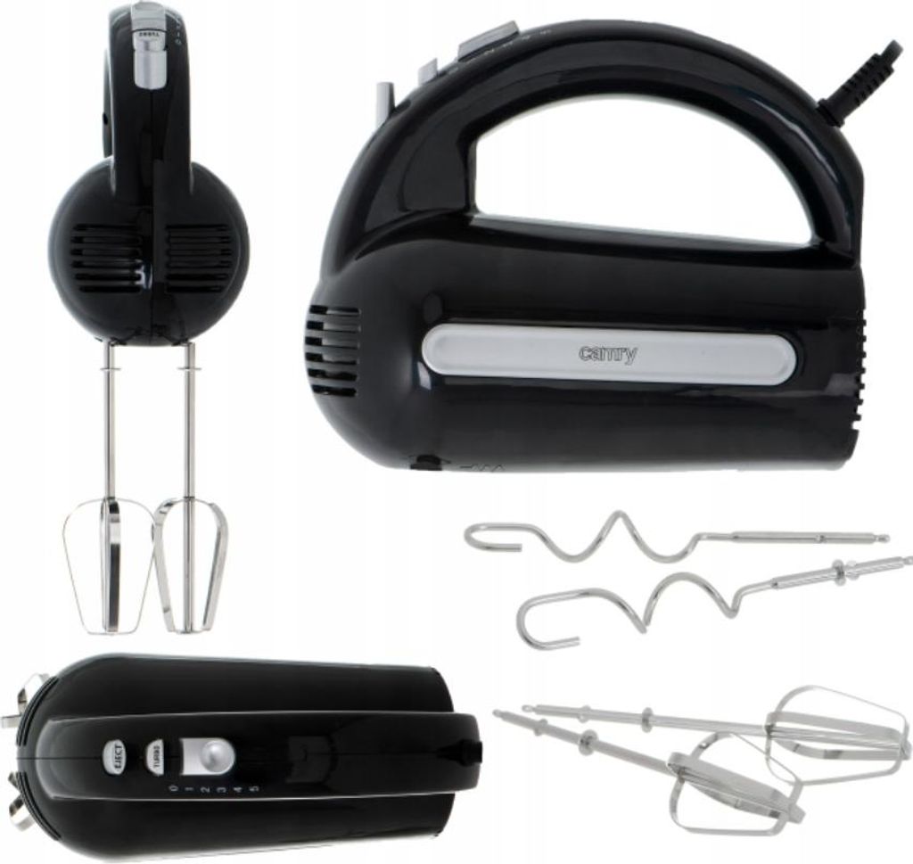 A collage of a black hand mixer and its accessories, shown from different angles.