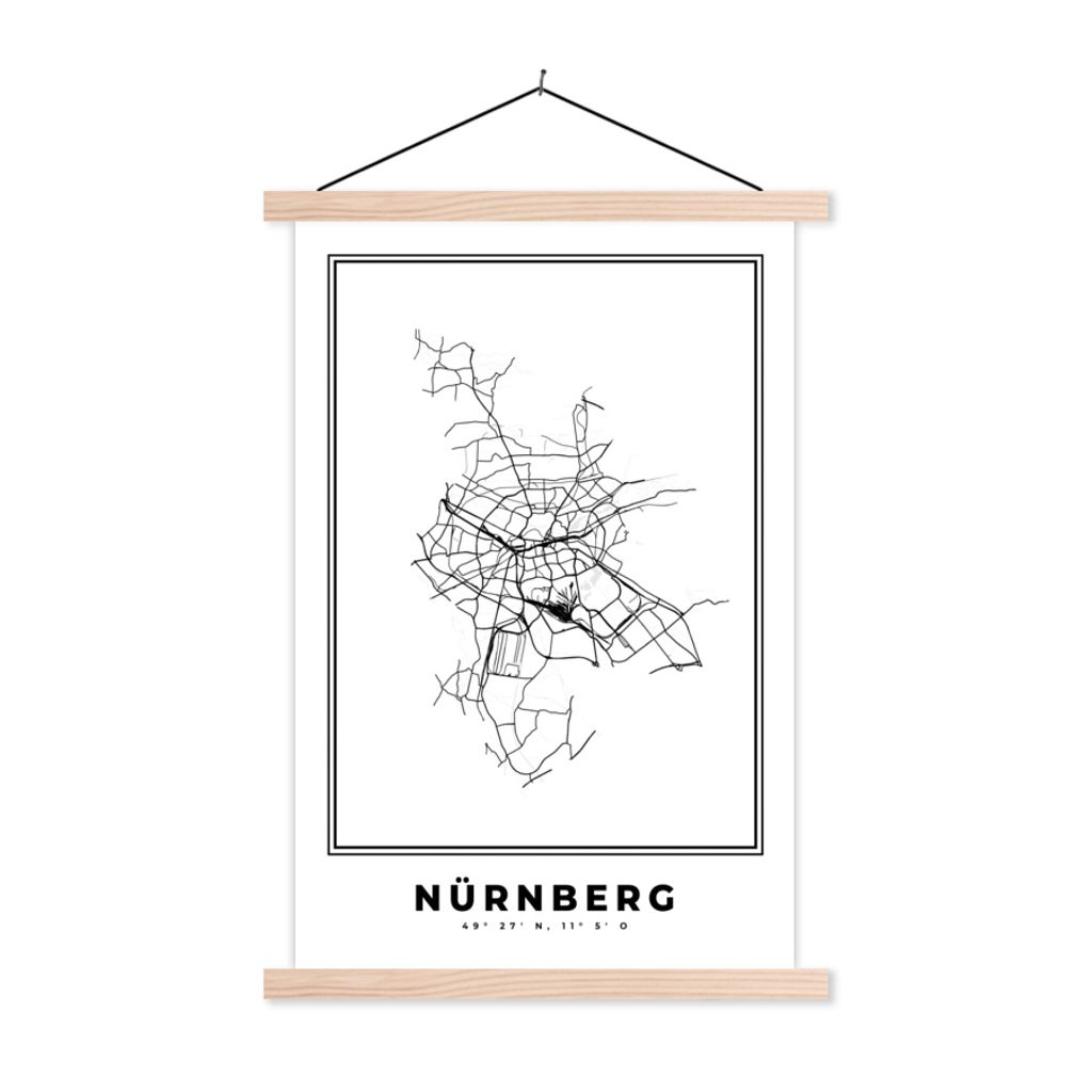MuchoWow Textilposter Stadtplan - Schwarz-weiß - Karte - Nürnberg - Deutschland 120x180 cm mit holzfarbenen Rahmen - Textil-Plakat