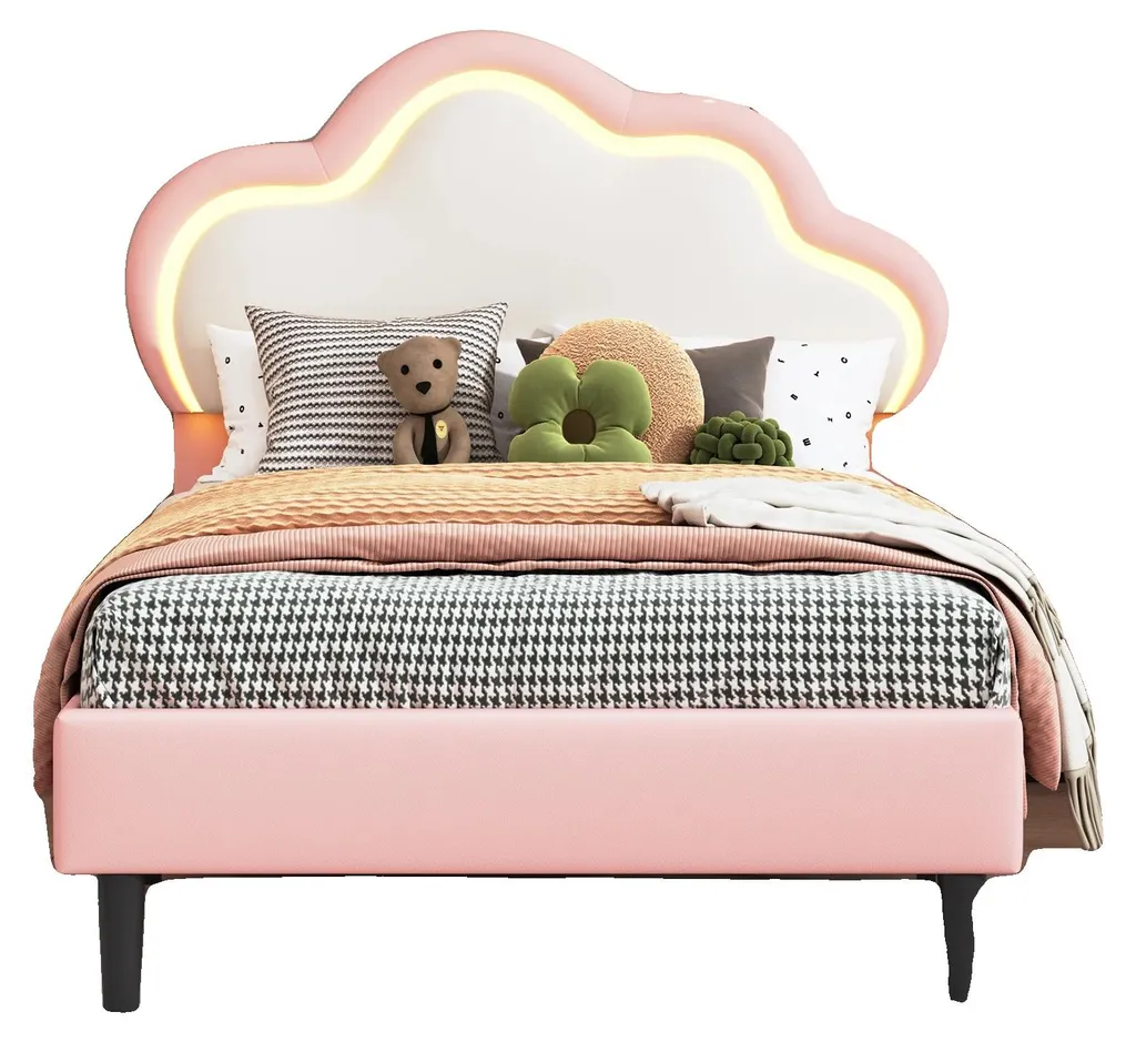Lit rose 90x200 cm tête de lit réglable LED design nuage pour fille - Soft