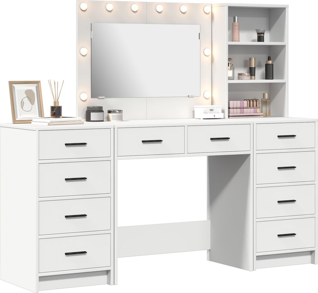 Möbel 3- tlg. Schminktisch- Set mit LED- Leuchten Weiß Holzwerkstoff - Schminktische Neu36643