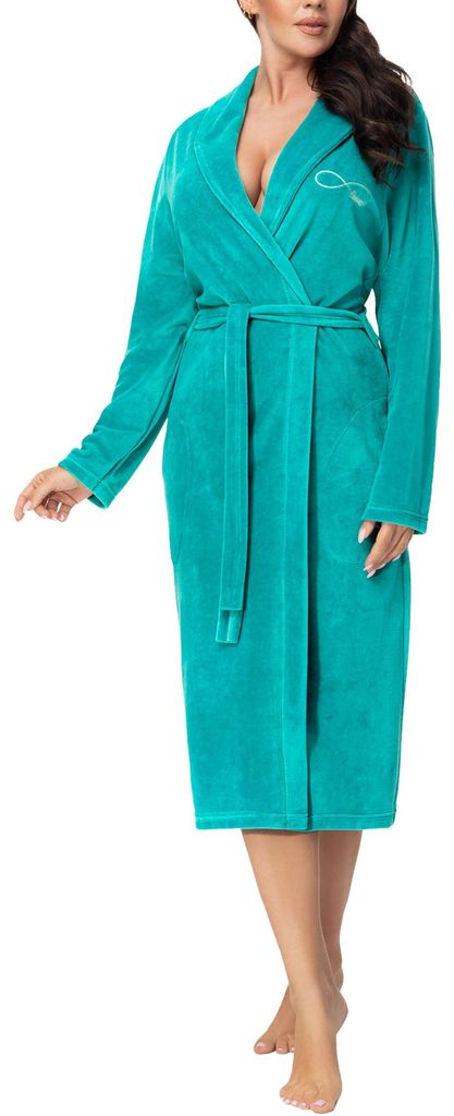 Aquarti Damen Velours Bademantel Nicki Morgenmantel mit Schalkragen zum Binden, Farbe: Grün, Größe: XXL