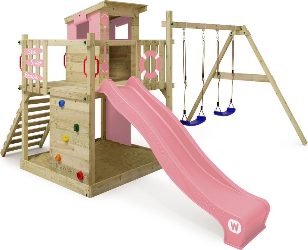 WICKEY Spielturm Klettergerüst Smart Camp mit Schaukel & Rutsche, Baumhaus mit Sandkasten, Kletterleiter & Spiel-Zubehör – pastellpink