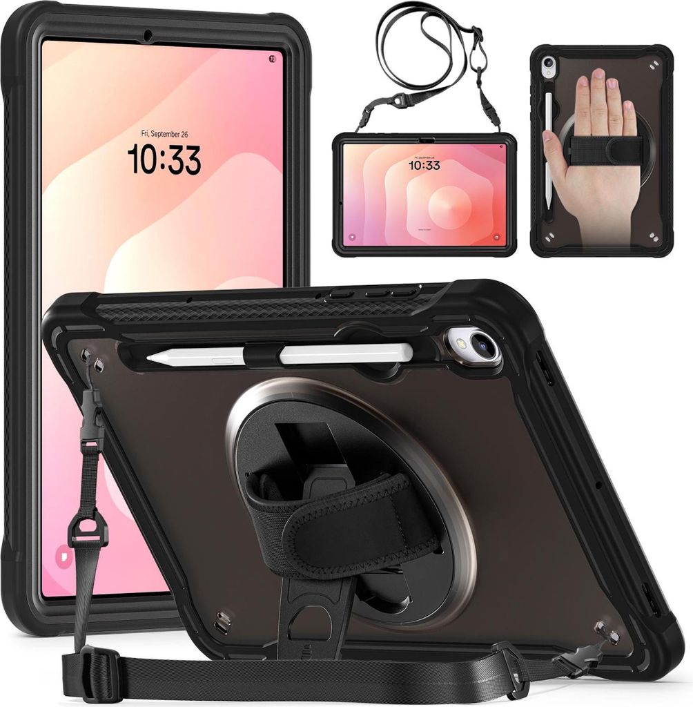 Hülle für Samsung Galaxy Tab S11 360 Grad Ring Handgriff & Schultergurt Schwarz