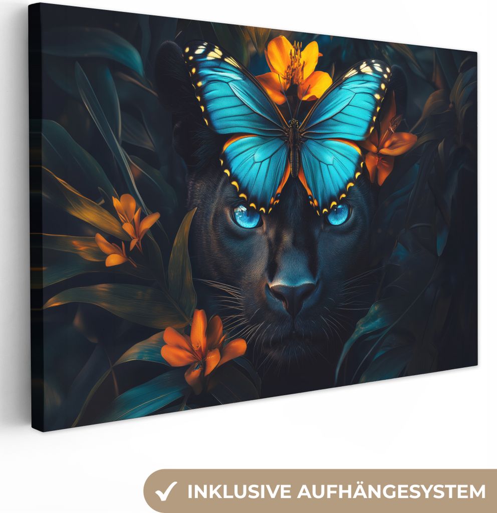 Leinwandbilder 90x60 cm - Tiere, Blumen - Panther - Schmetterling, Bilder Wohnzimmer Modern, Wanddeko