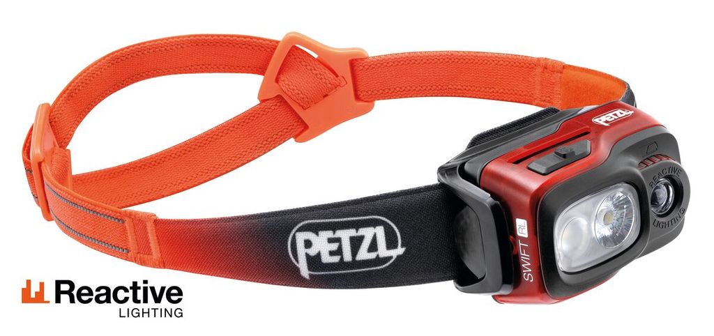 A red and black Petzl Swift RL headlamp with an orange adjustable strap, shown against a white background.