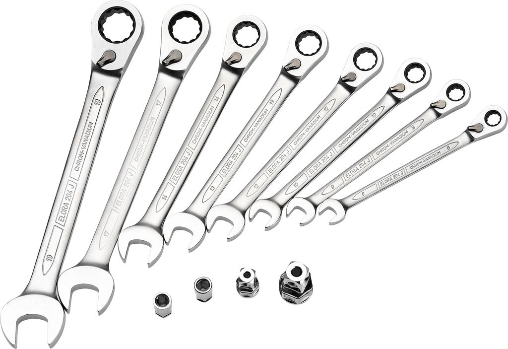 Elora Satz-Maulschlüssel mit Ringratsche, umschaltbar, 8-teilig 8-19 mm, ELORA-204-JS 8M