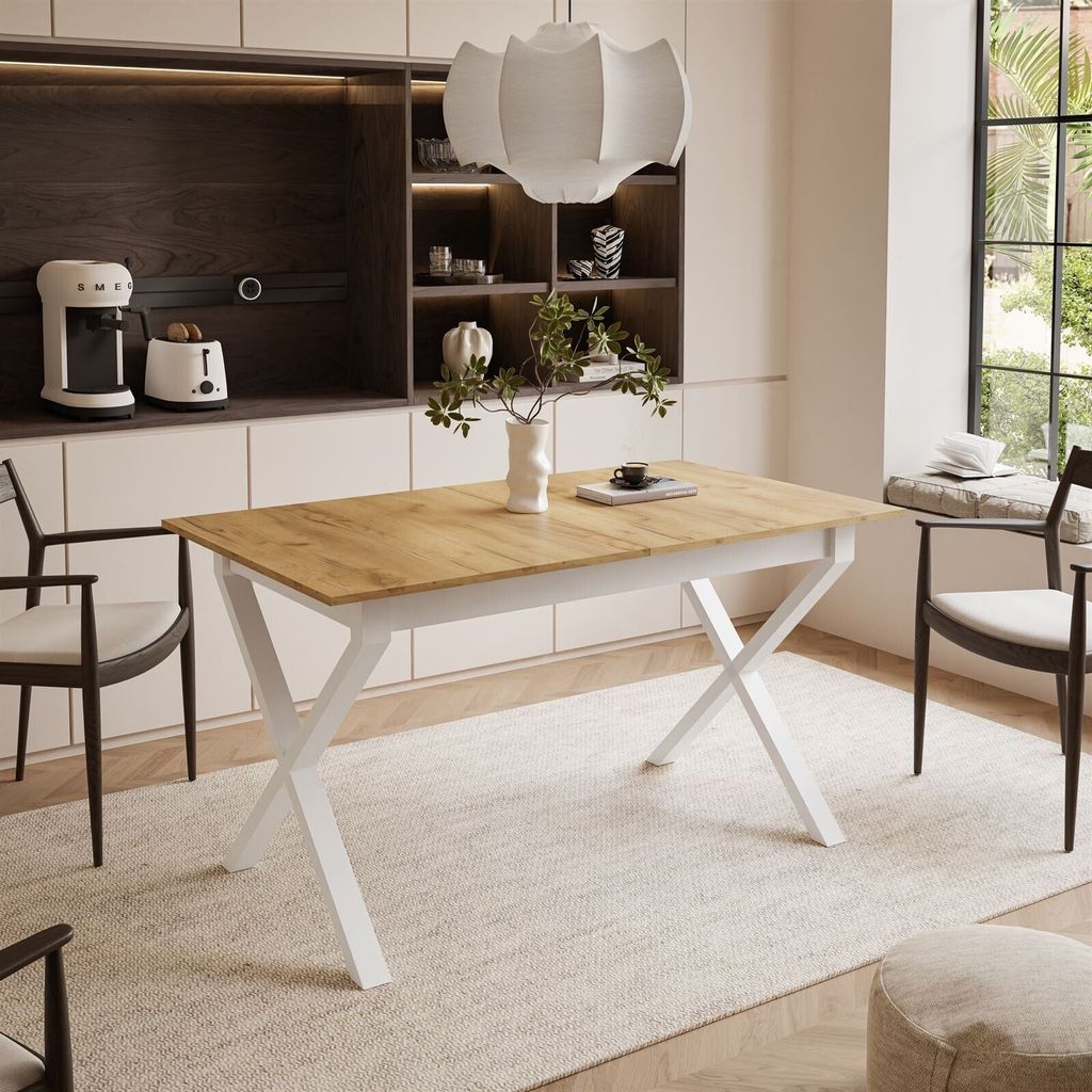 ARTON II ausziehbarer Tisch 140 cm, Weiße Metalbeine X, Tischplatte Farbe: Craft Gold Eiche