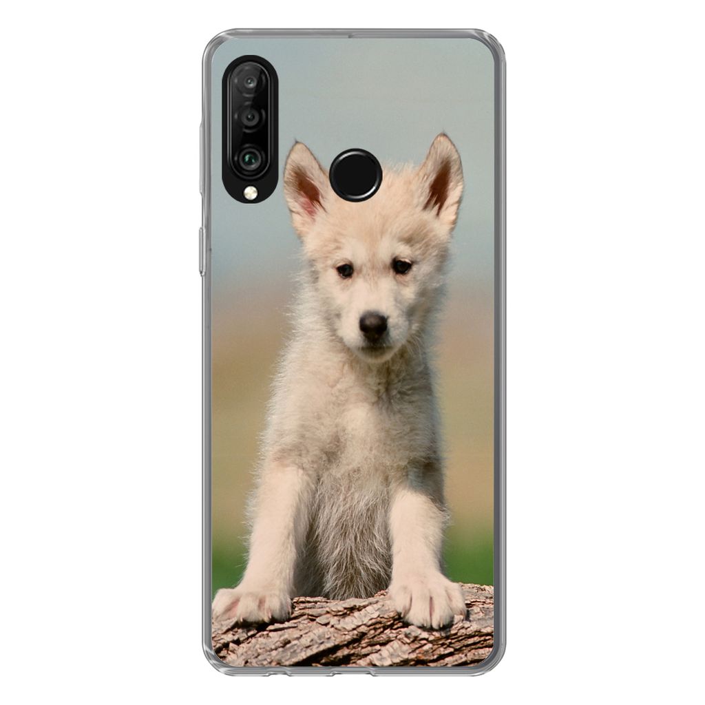 MuchoWow Handyhülle Schutzhülle Hülle für Huawei P30 Lite Wolf - Kind - Holz Silikon Softcase Handy Hülle - Handyhülle