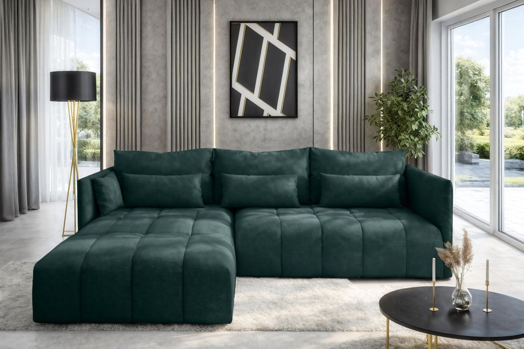 AX LIVING Ecksofa Grün mit Schlaffunktion und Bettkasten Cosmova 248cm