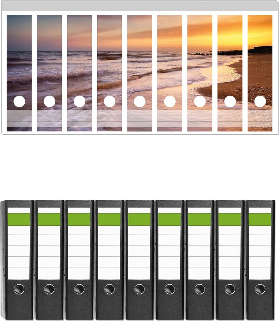 Wallario 9 Stück breite Ordner inkl. Klebeetiketten mit Motive Sonnenuntergang am Strand - Abendspaziergang - Set mit Rückenschildern / Ordnerrü...