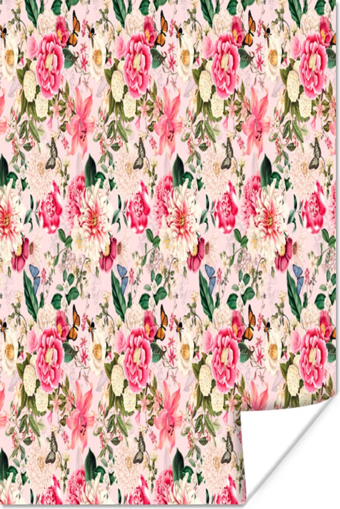 MuchoWow Poster Blumen - Lilie - Rosa - Schmetterling 60x90 cm - Wanddekoration