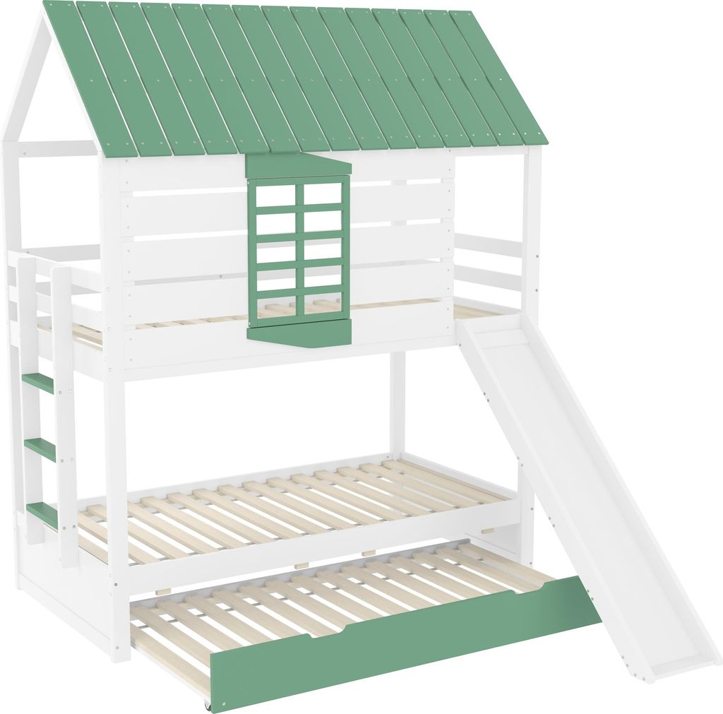 90X200 Haus-Etagenbett mit Rutsche und Ausziehbett, Weiß+Grün