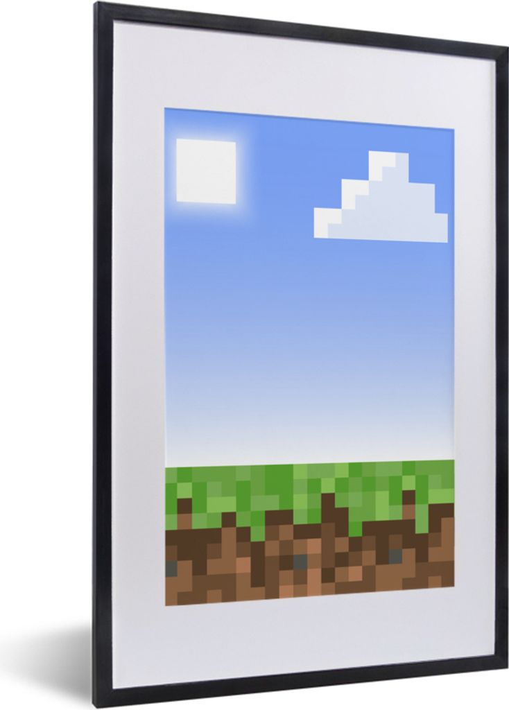 MuchoWow Gerahmtes Poster Spielen - Pixel - Spielen - Gras - Minecraft 40x60 cm - Poster mit Schwarzem Bilderrahmen Wandposter Rahmen Foto Bilder...