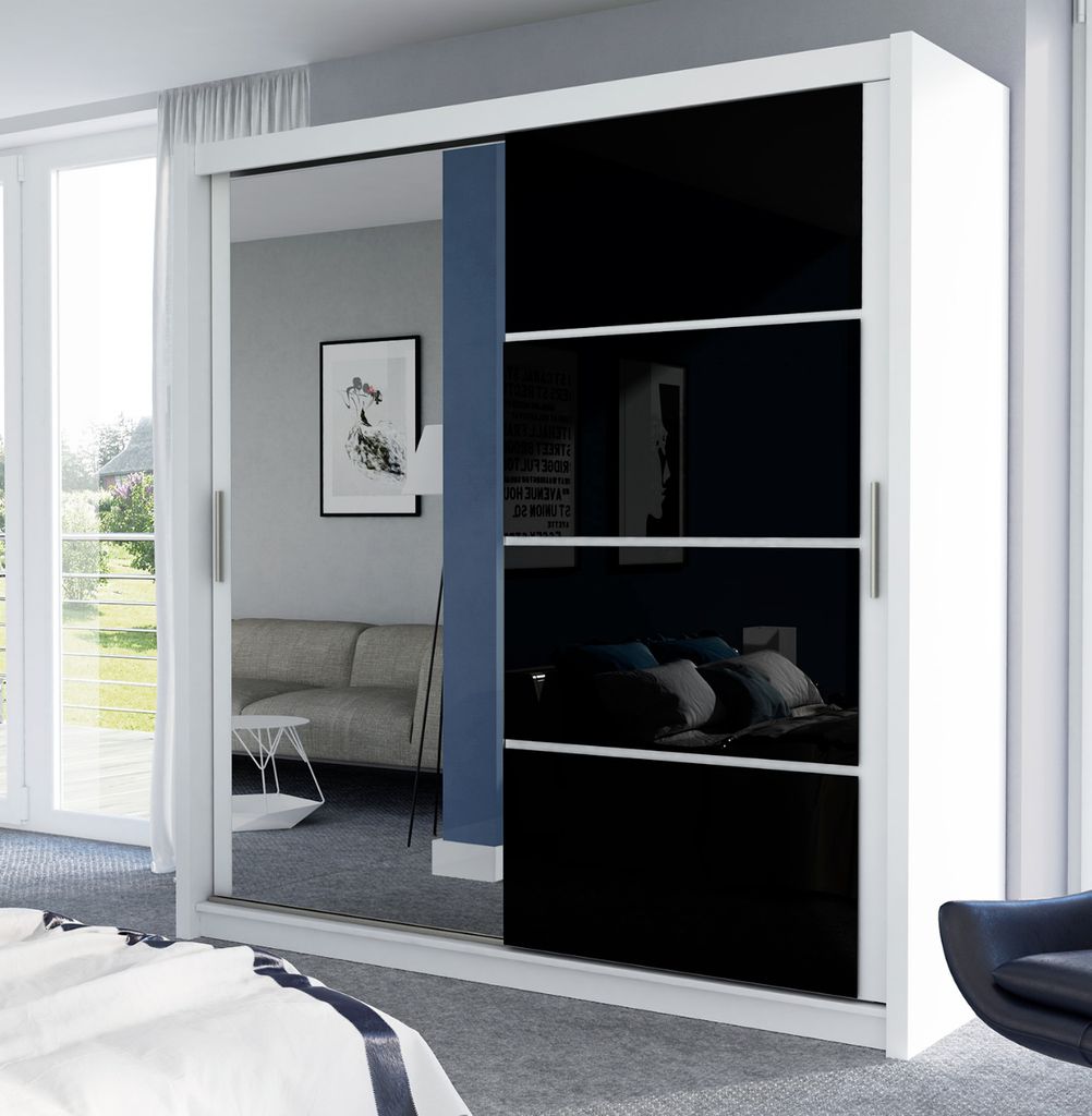 Schiebeschrank BRANDON 203 cm , Kleiderschrank Schiebetürenschrank , ( WEISS - SCHWARZ )