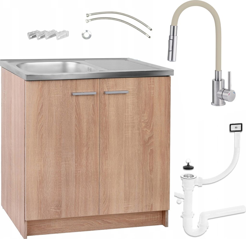 Küchenunterschrank Eiche Sonoma 80x50 mit Edelstahl Spüle Elastische Küchenarmatur Deante Beige Ausziehbar 2-Funktion Geschirrspüler-Siphon