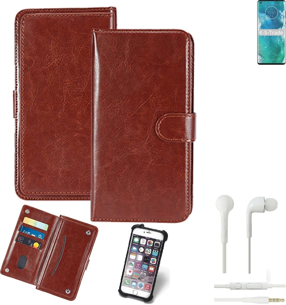 K-S-Trade 360° Hülle kompatibel mit Motorola Edge+ inkl. Headphones braun Kunstleder Case BookCase WalletCase Kunstlederederhülle Handyhülle,