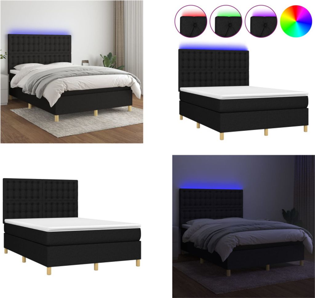 vidaXL Boxspringbett mit Matratze & LED Schwarz 140x200 cm Stoff - Boxspringbett - Boxspringbetten - Bett - Schlafzimmermöbel