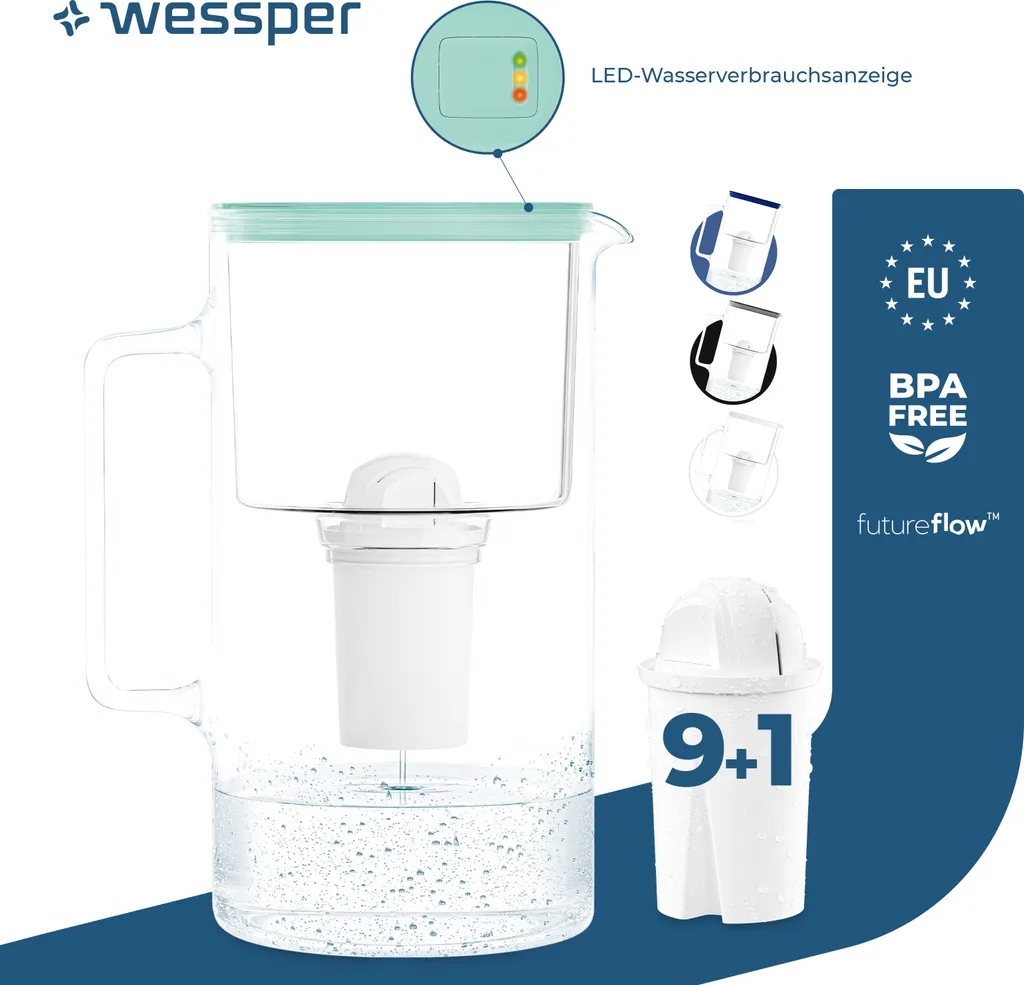 Caraffa Filtrante Vetro Wessper D2 FutureFlow 3L + 10 Filtri Acqua