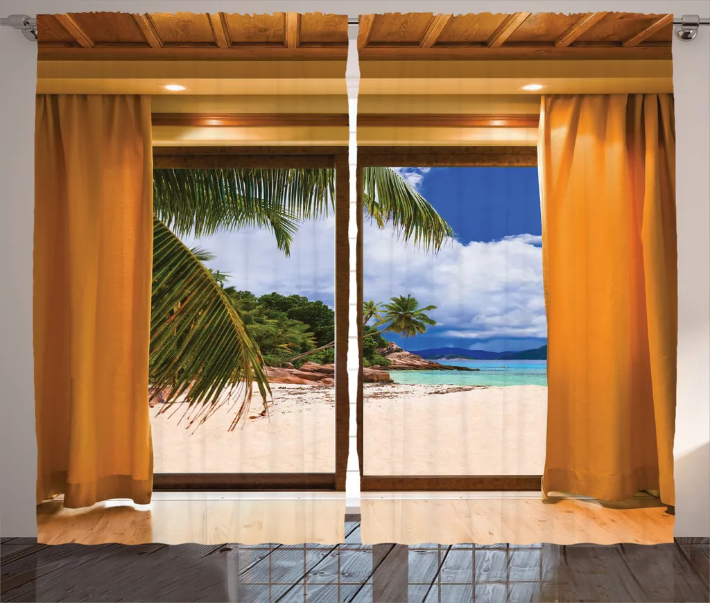 Rideau déco 280x225 cm pour cacher vis-à-vis avec vue tropicale beige