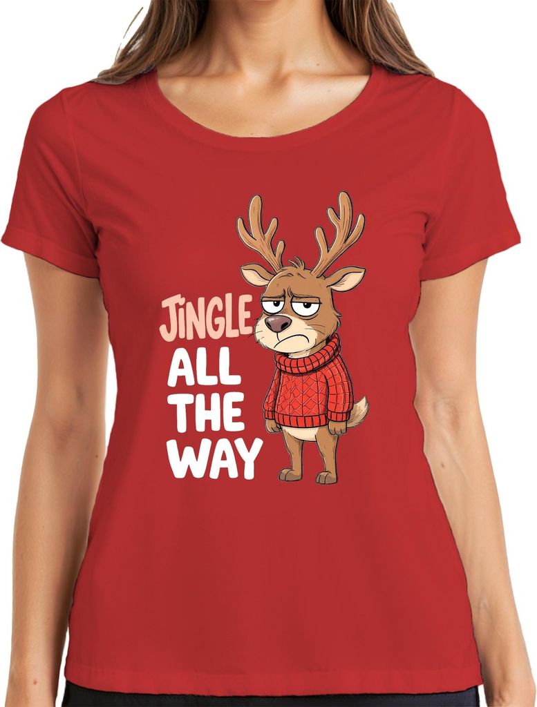 Jingle All The Way mürrisches Rentier Weihnachten Cartoon lustig Damen T-Shirt, Rot, S
