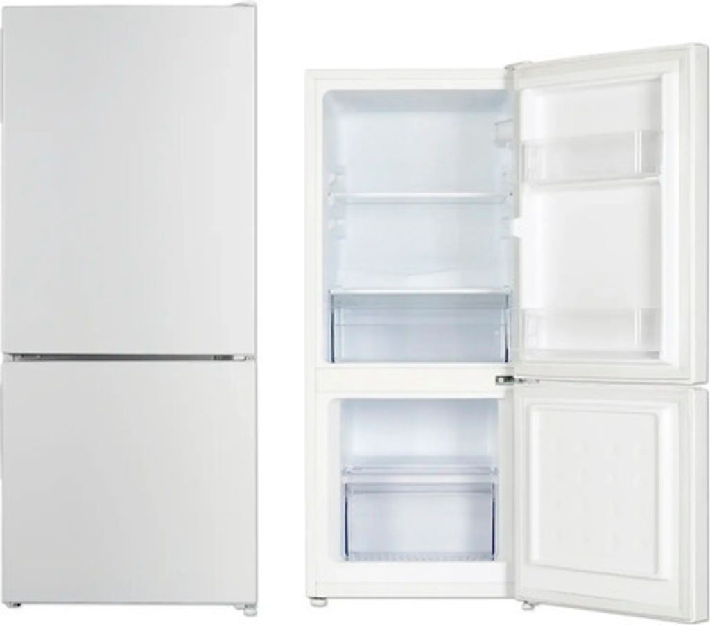 A white refrigerator-freezer combination is shown from the front, with the refrigerator door open to reveal the interior.