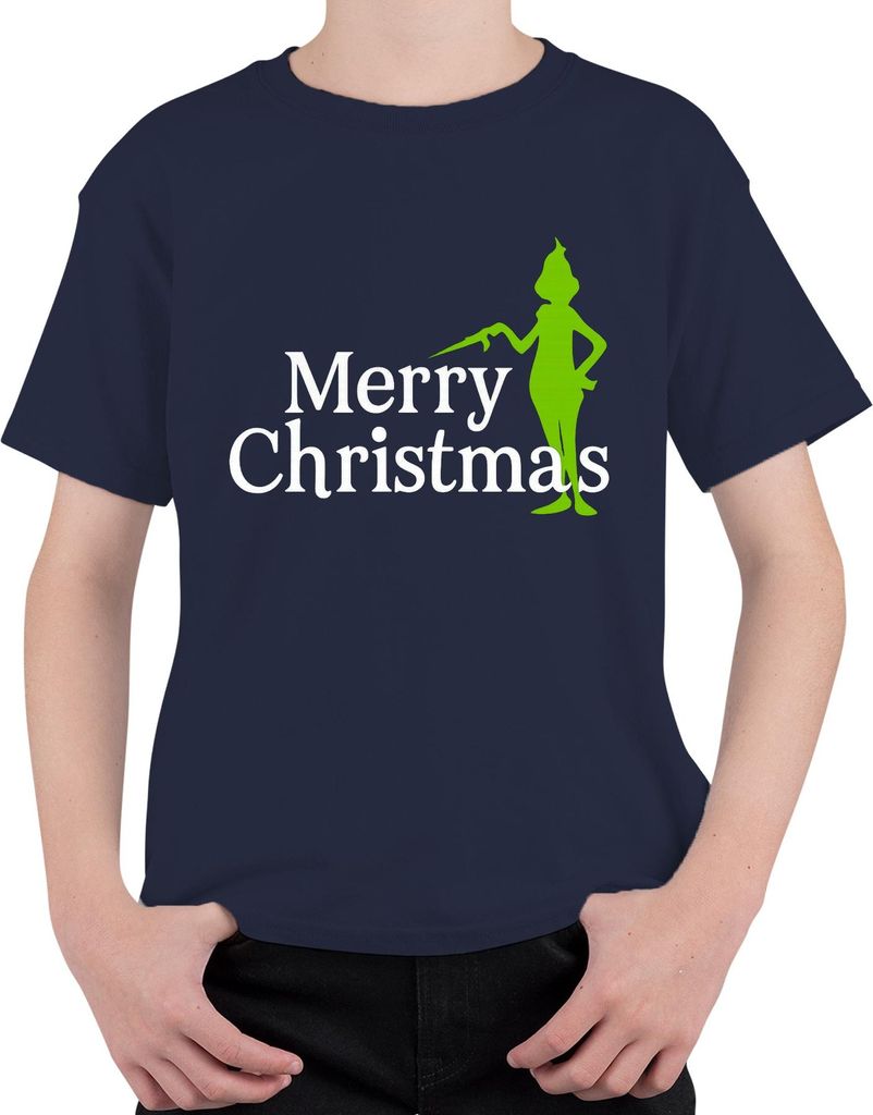 Merry Christmas grüne Silhouette weihnachtlich lustig Grinch Uni Kinder T-Shirt, Navy, 152
