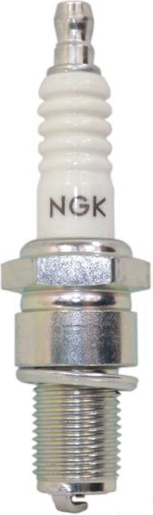 A close-up studio shot of a single NGK spark plug against a white background.