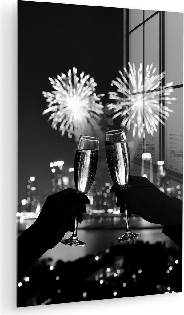 MuchoWow Glasbilder - Bilder auf Wandbild - Foto auf Glas Feuerwerk - Prost - Skyline - Champagner 60x90 cm Wanddekoration aus Glas - Acrylglasbild...