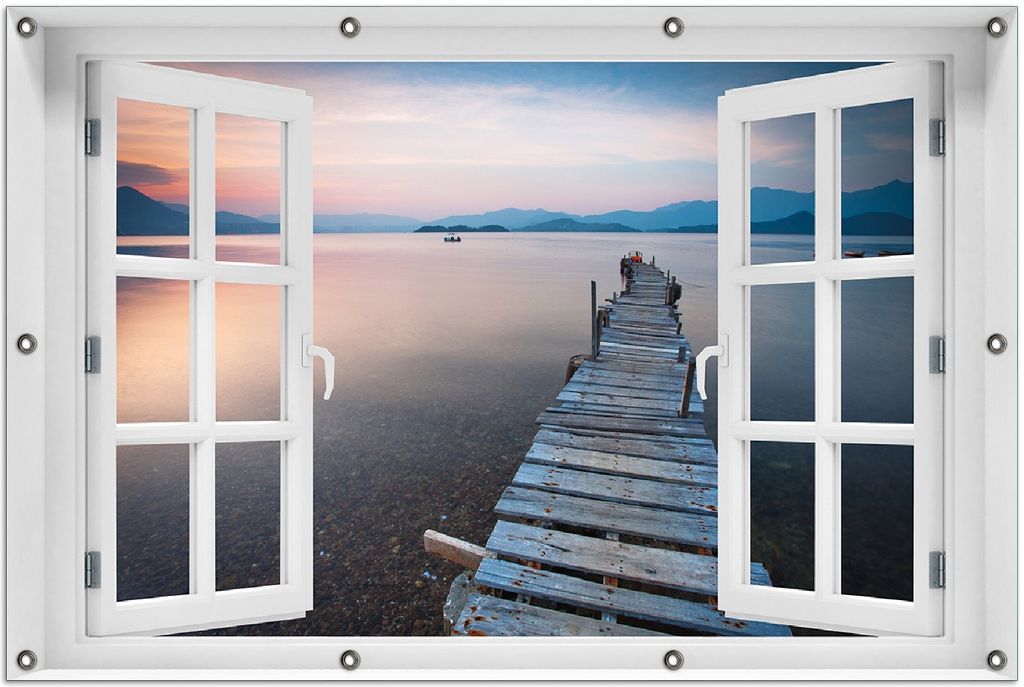 Wallario Outdoor-Poster für Garten oder Balkon 100 x 150 cm: Steg am See- Idylle bei Sonnenuntergang