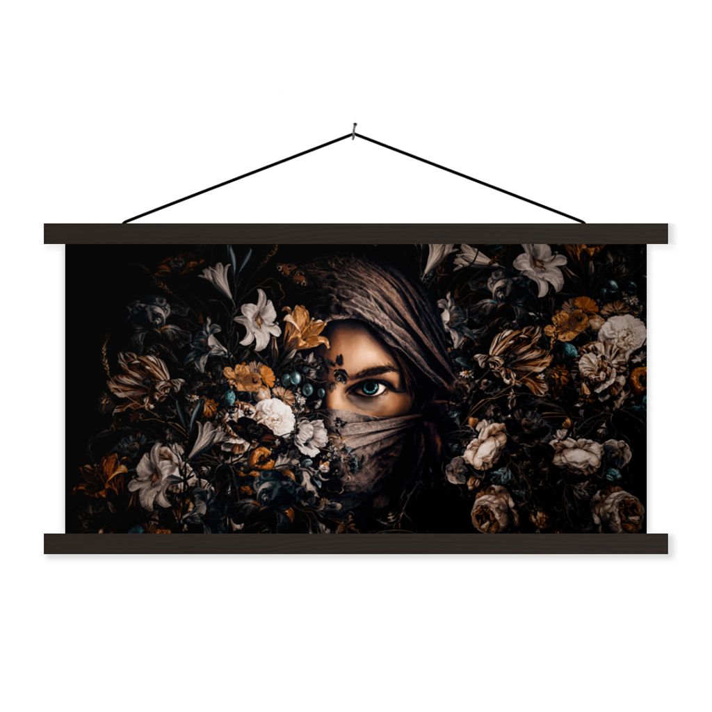 MuchoWow Textilposter Frau - Luxus - Blumen - Schmetterling - Porträt 120x60 cm mit schwarzem Rahmen - Dekoration Schlafzimmer