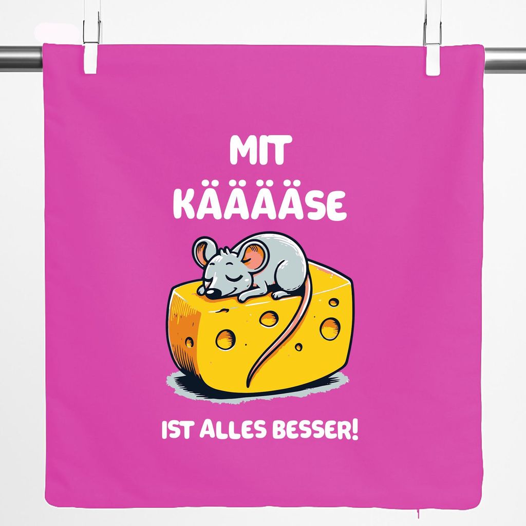 Huuraa Kissenbezug Mit Käse ist alles besser Maus 40x40cm Fuchsia Baumwolle Dekokissenbezug Geschenkidee