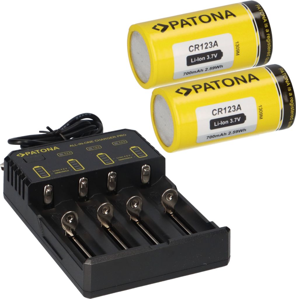 2x PATONA Li-Ion 3,7V Akku CR123A 700mAh 2,59Wh + Lader