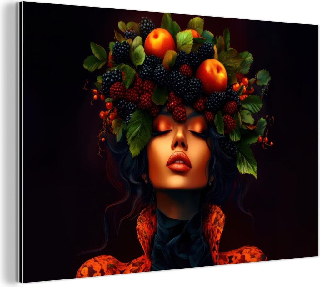 MuchoWow Wanddekoration Metall Metallbild Wandkunst 120x80 cm Frau - Schwarz - Beeren - Äpfel MuchoWow Aluminium Gemälde - Alu Bild