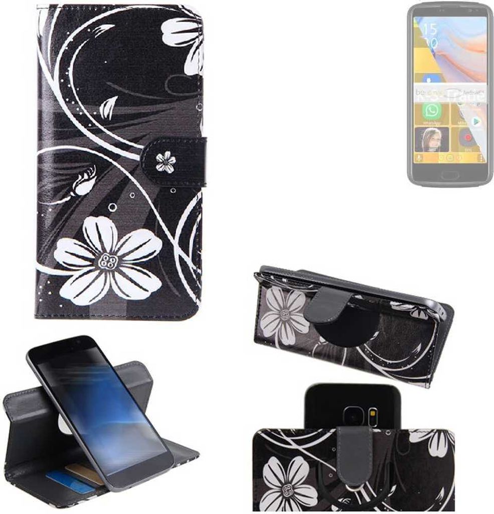 K-S-Trade Schutzhülle Handyhülle kompatibel mit Bea-fon M7 Lite Hülle 360° Wallet Case “Flowers“ Klapphülle Hülle schwarz-weiß 1x