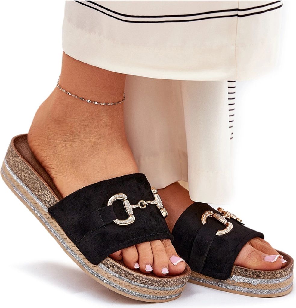 Damen Plattform Sandalen Mit Goldener Dekoration Und Glitzer Schwarz Morisela 38