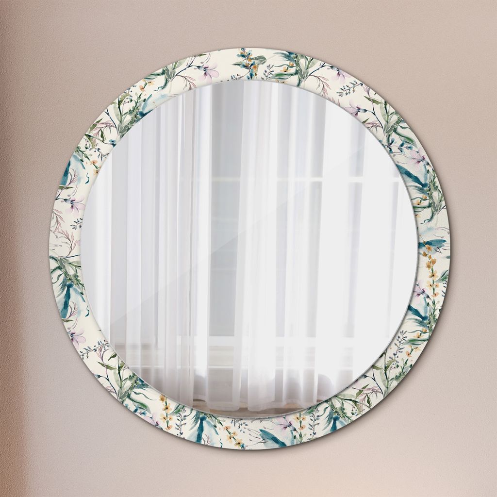 Ø90cm Spiegel - Glasrahmen mit Aufdruck - Wandspiegel Schlafzimmer - Aquarell Blumen